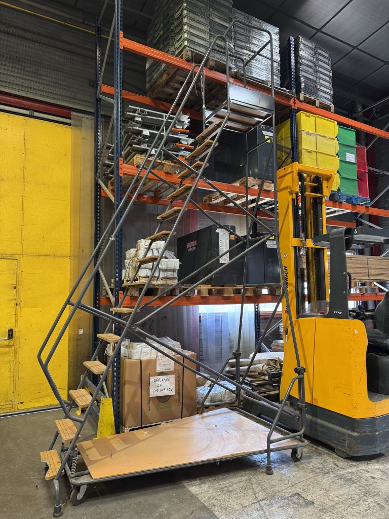 Vu d'ensemble (profil) sur escabeaux de picking industriels